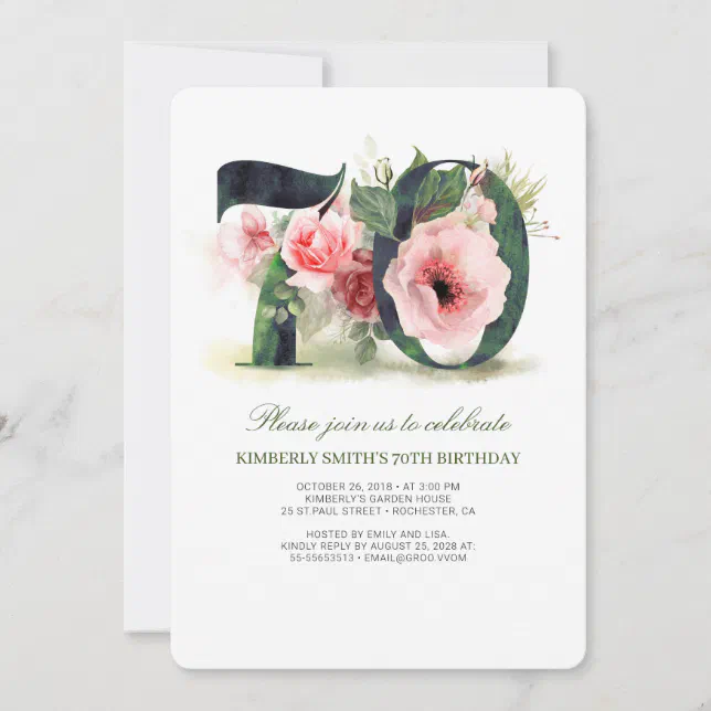 Blush Pink Floral 70th Birthday Party Invitation Zazzle