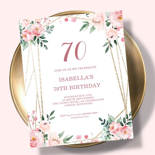 Blush Pink Floral 70th Budget Birthday Invitation
