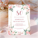 Blush Pink Floral 80th Birthday Invitation<br><div class="desc">Looking for a beautiful and elegant birthday invitation? Check out our blush pink floral invitation with a stunning gold geometric frame! This customizable invitation is perfect for any birthday celebration, whether it's a sweet 16, 30th, or 60th. The delicate pink flowers add a touch of femininity, while the gold frame...</div>