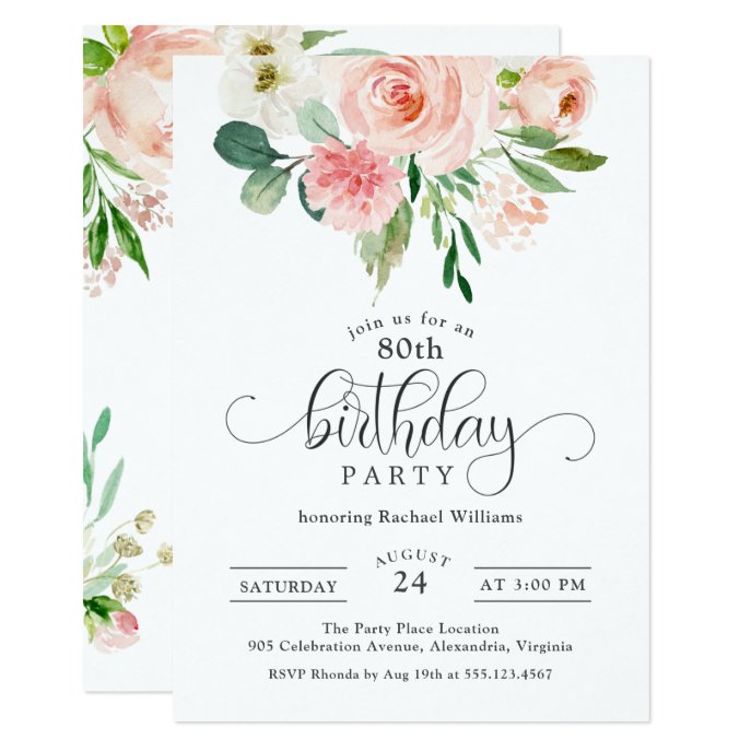 Blush Pink Floral 80th Birthday Party Invitation