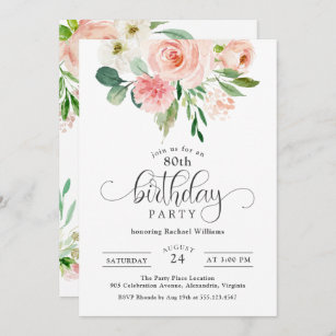 Blush Pink Floral 80th Birthday Party Invitation