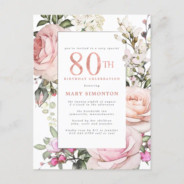 Blush Pink Floral 80th Birthday Party Invitation Postcard 