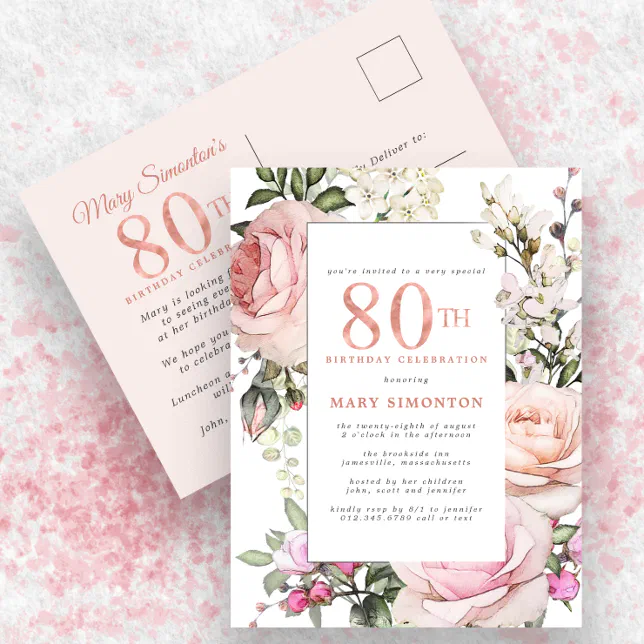 Blush Pink Floral 80th Birthday Party Invitation Postcard | Zazzle