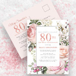 Blush Pink Floral 80th Birthday Party Invitation Postcard<br><div class="desc">Honor a special woman with this elegant and feminine 80th Birthday party invitation. 80th is written in large pink text. Birthday celebration follows. The honored guest's name is also in pink capital letters. The remainder of the text is soft dove grey. The birthday celebration details are surrounded by a chic...</div>