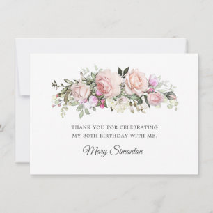 Blush Pink Floral 80th Birthday Thank You Card
