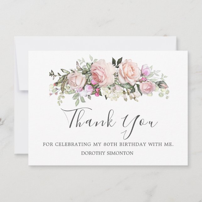 Blush Pink Floral 80th Birthday Thank You Card (Front)