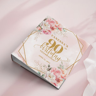 Blush Pink Floral 90th Birthday Album Gold Glitter 3 Ring Binder