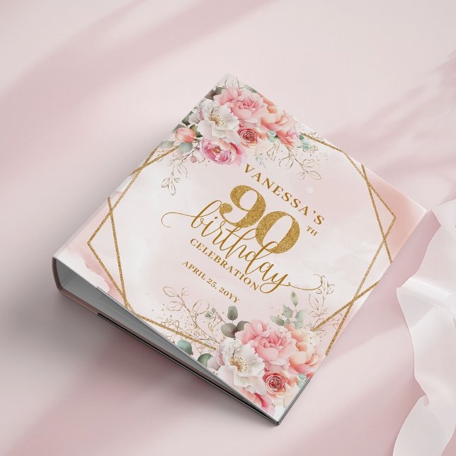 Blush Pink Floral 90th Birthday Album Gold Glitter 3 Ring Binder (Blush Pink Floral 90th Birthday Album Gold Glitter 3 ring binder)