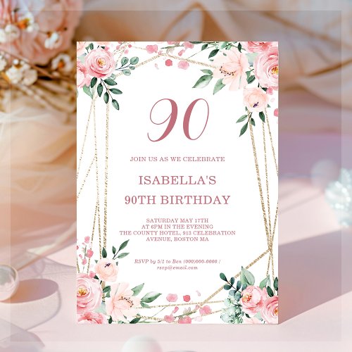 Blush Pink Floral 90th Birthday Invitation