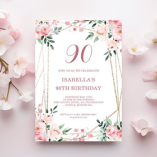 Blush Pink Floral 90th Birthday Invitation