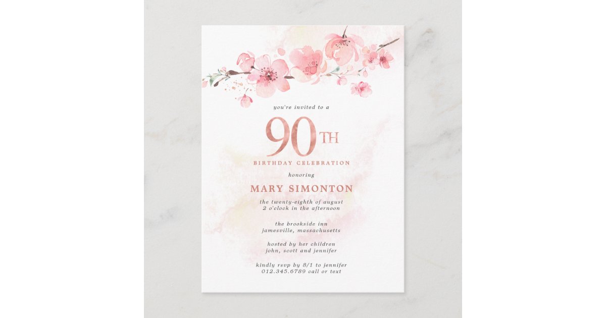 Blush Pink Floral 90th Birthday Invitation Postcard | Zazzle.com