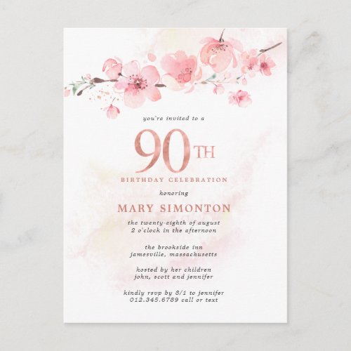 Blush Pink Floral 90th Birthday Invitation Postcard