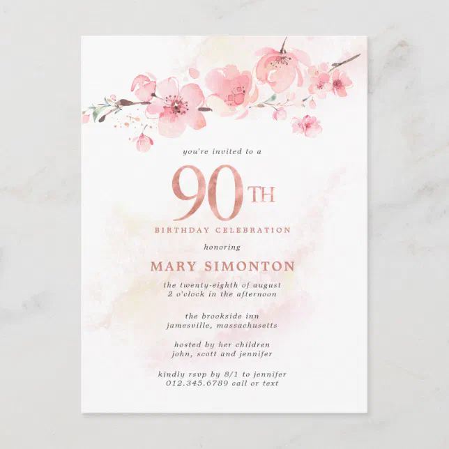 Blush Pink Floral 90th Birthday Invitation Postcard | Zazzle