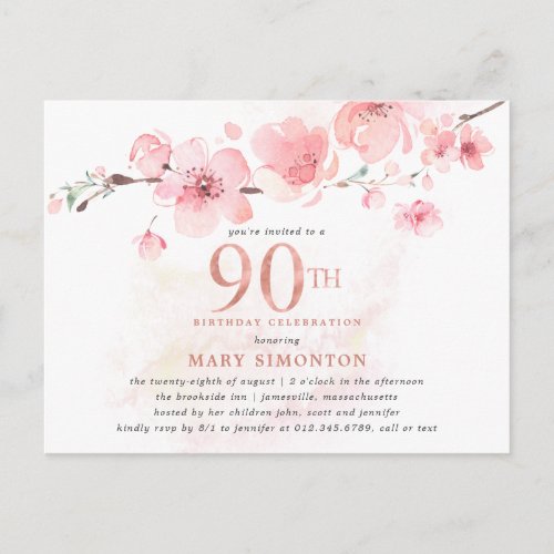 Blush Pink Floral 90th Birthday Invitation Postcard