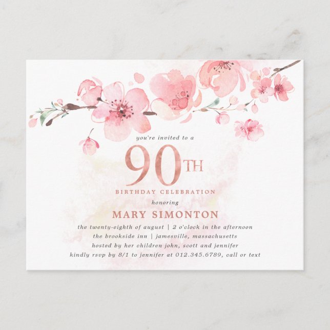 Blush Pink Floral 90th Birthday Invitation Postcard (Front)