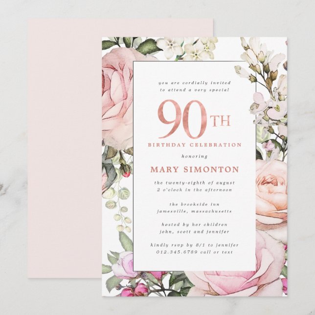 Blush Pink Floral 90th Birthday Party Invitation (Front/Back)