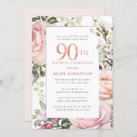 Blush Pink Floral 90th Birthday Party Invitation<br><div class="desc">Honor a special woman with this elegant and feminine 90th Birthday party invitation. 90th is written in large pink text. Birthday celebration follows. The honored guest's name is also in pink capital letters. The remainder of the text is soft dove grey. The birthday celebration details are surrounded by a chic...</div>