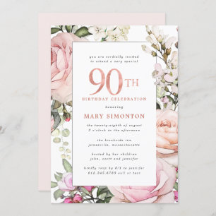 Blush Pink Floral 90th Birthday Party Invitation
