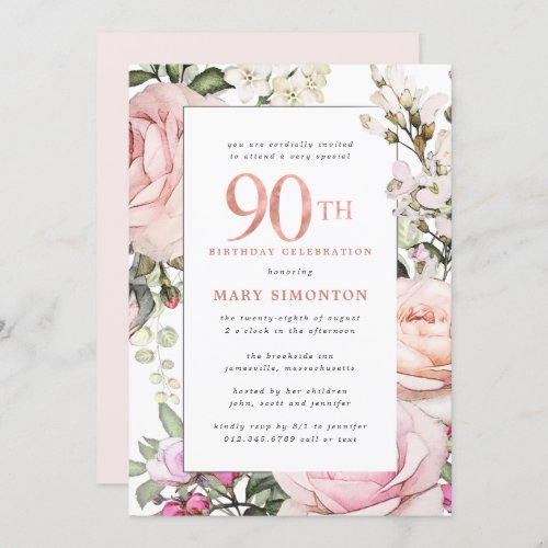 Blush Pink Floral 90th Birthday Party Invitation