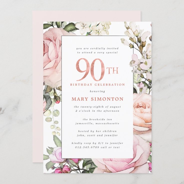 Blush Pink Floral 90th Birthday Party Invitation | Zazzle