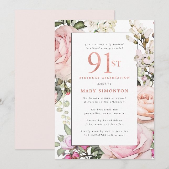 Blush Pink Floral 91st Birthday Party Invitation (Front/Back)