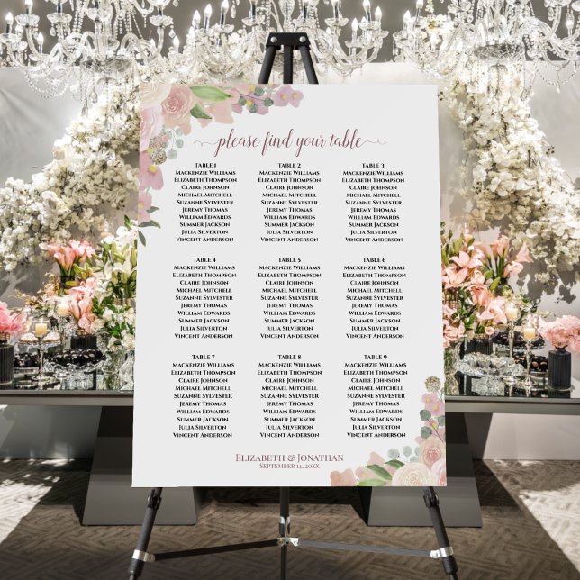 Blush Pink Floral 9 Table Wedding Seating Chart Foam Board (In Situ on Stand with Flowers)