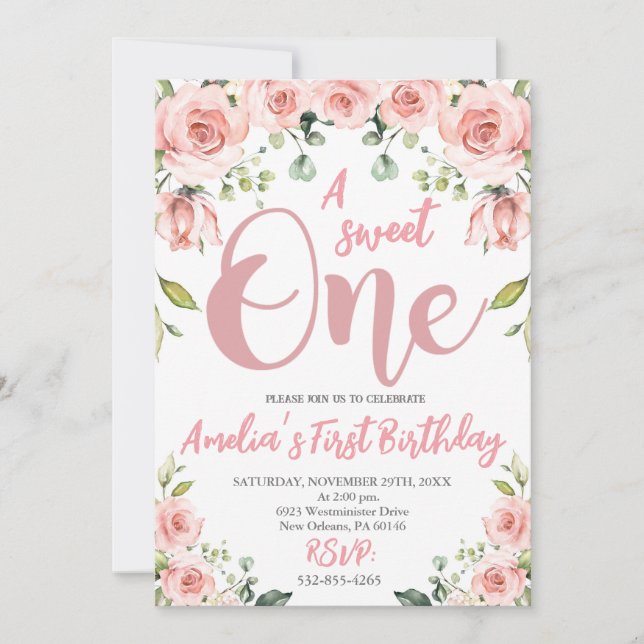 Blush Pink Floral A Sweet One First Birthday Invitation (Front)