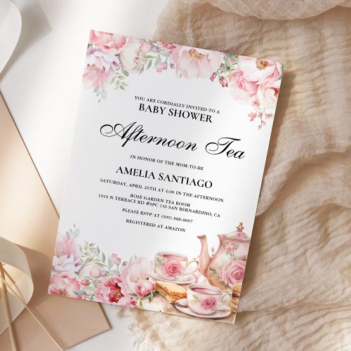 Blush Pink Floral Afternoon Tea Baby Shower Invitation