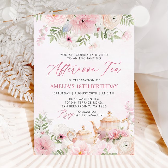 Blush Pink Floral Afternoon Tea Birthday Party Invitation (Creator Uploaded)