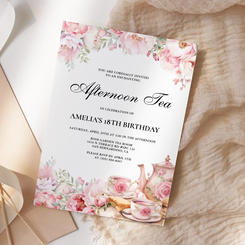 Blush Pink Floral Afternoon Tea Birthday Party Invitation