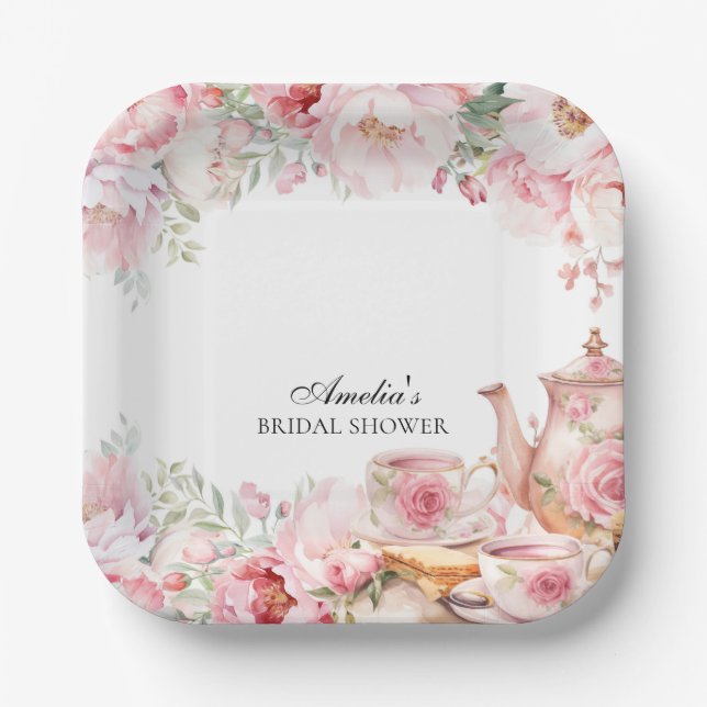 Blush Pink Floral Afternoon Tea Party Shower Paper Plates (Front)