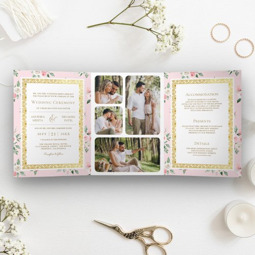 Blush Pink Floral All in One Gold Indian Wedding Tri_Fold Invitation