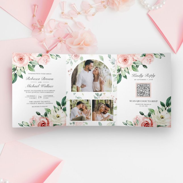 Blush Pink Floral All in One QR Code Wedding Tri-Fold Invitation (Creator Uploaded)