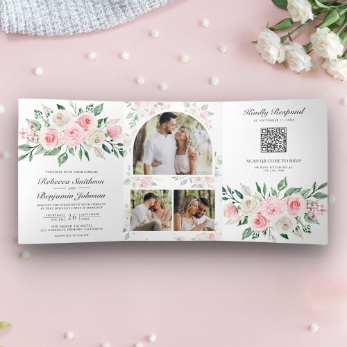 Blush Pink Floral All in One QR Code Wedding Tri_Fold Invitation