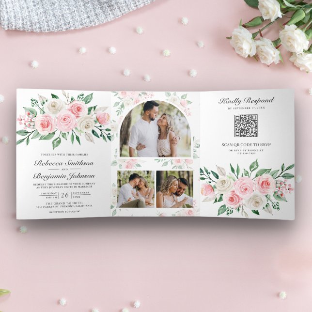Blush Pink Floral All in One QR Code Wedding Tri-Fold Invitation (Creator Uploaded)