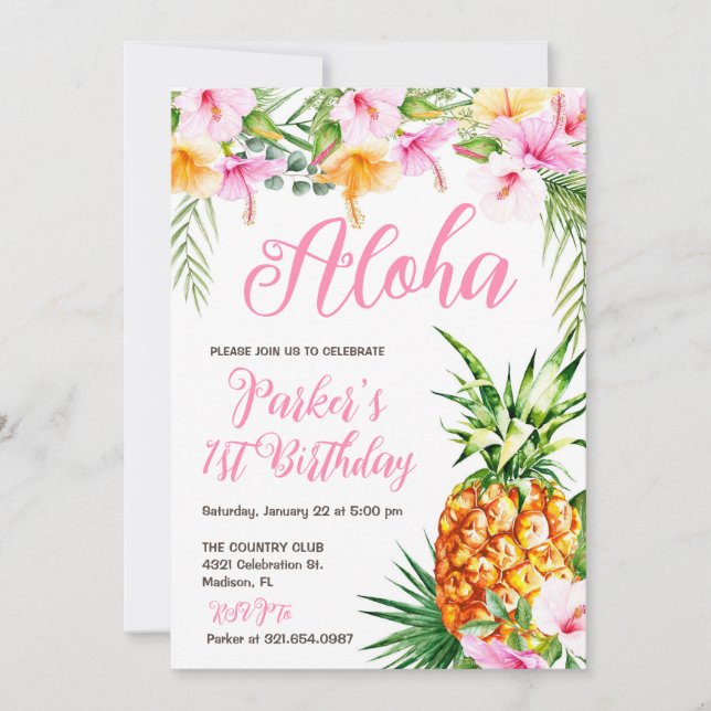 Blush Pink Floral Aloha Pineapple Birthday Party Invitation (Front)