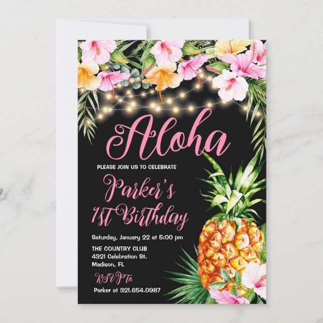 Blush Pink Floral Aloha Pineapple Birthday Party Invitation (Front)