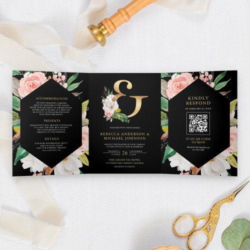 Blush Pink Floral Ampersand Black QR Code Wedding Tri_Fold Invitation