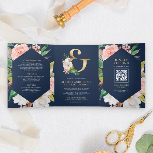Blush Pink Floral Ampersand Navy QR Code Wedding Tri_Fold Invitation