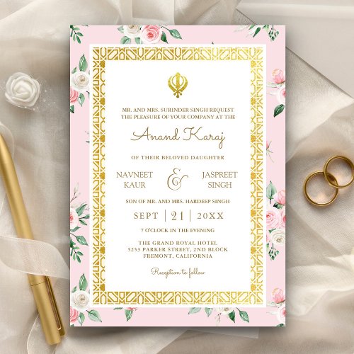 Blush Pink Floral Anand Karaj Punjabi Sikh Wedding Invitation