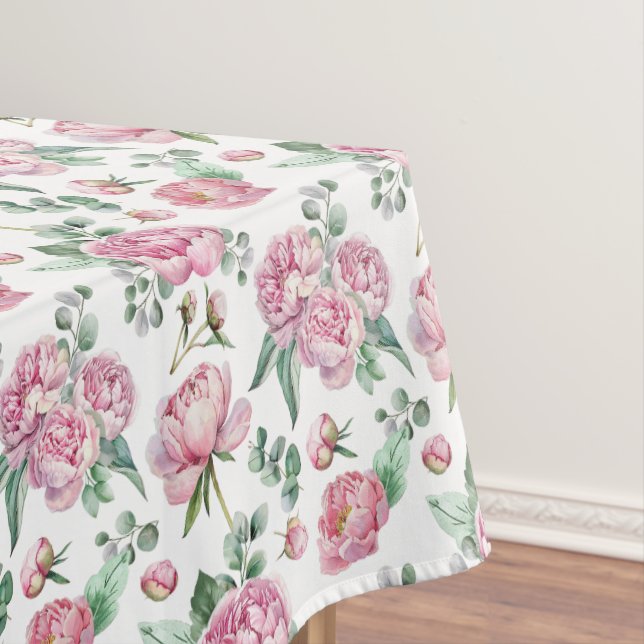 Blush Pink Floral and Eucalyptus Greenery Baby Sho Tablecloth (In Situ)