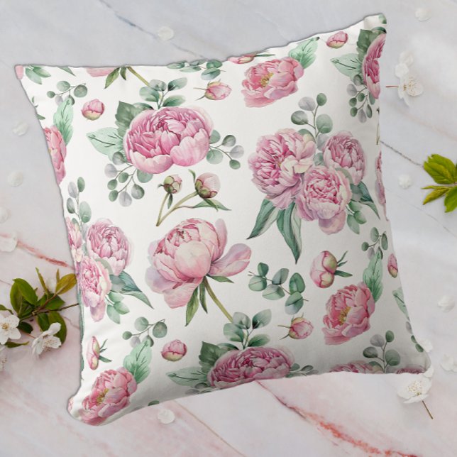 Blush Pink Floral and Eucalyptus Greenery Watercol Throw Pillow (Watercolor Floral Throw Pillow)