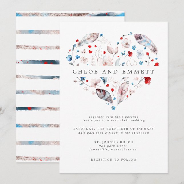 Blush Pink Floral and Feather Boho Heart Wedding Invitation (Front/Back)