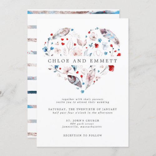 Blush Pink Floral and Feather Boho Heart Wedding Invitation