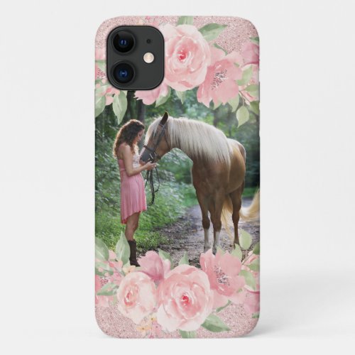 Blush Pink Floral and Glitter Pet Horse Photo iPhone 11 Case