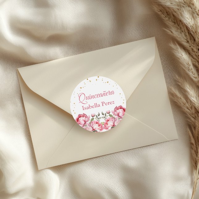 Blush Pink Floral and Gold Glitter Quinceanera Classic Round Sticker (Blush Pink Floral and Gold Glitter Quinceanera Classic Round Sticker on an elegant envelope.)