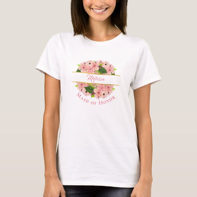 Blush Pink Floral and Gold Maid of Honor T-Shirt (Front)