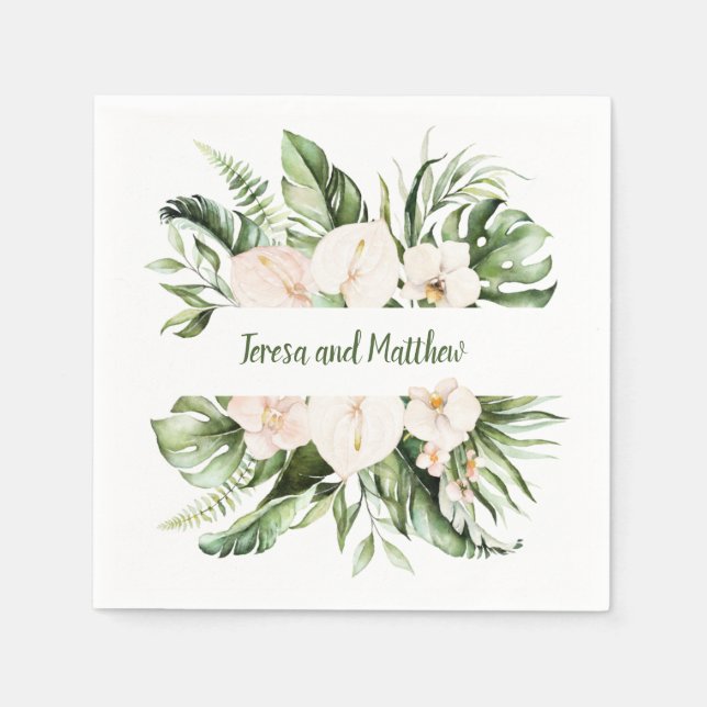 Blush Pink Floral and Tropical Greenery Wedding Napkins (Front)