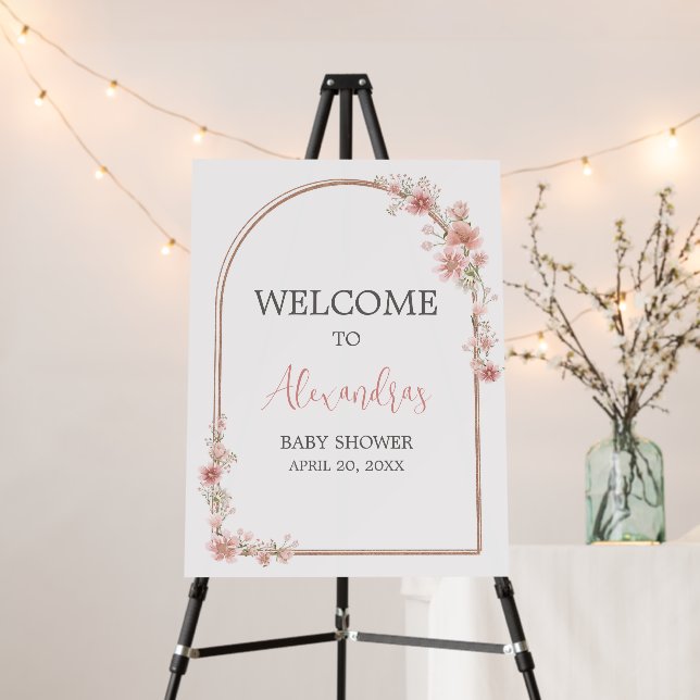 Blush Pink Floral Arch Baby Shower Welcome Sign (In Situ (Stand))