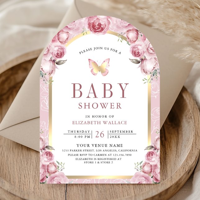 Blush Pink Floral Arch Butterfly Baby Shower Invitation (Creator Uploaded)